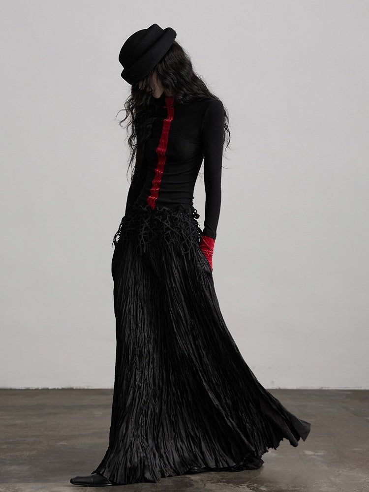 Urban Long-Sleeve Knit Black Design Red Top Goth Color-Block