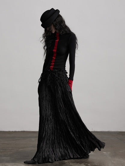 Urban Long-Sleeve Knit Black Design Red Top Goth Color-Block