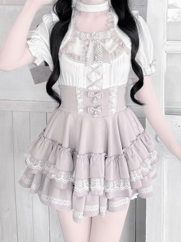 Pink Tiered Skirt with Lace Trim and Rhinestone Bow Embellishments - GingaU