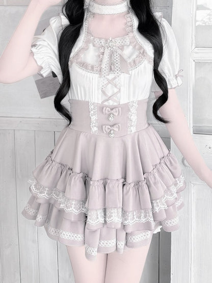 Pink Tiered Skirt with Lace Trim and Rhinestone Bow Embellishments - GingaU