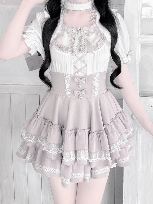 Pink and White Ruffle Sleeve Blouse with Lace, Bow and Choker Accents - GingaU