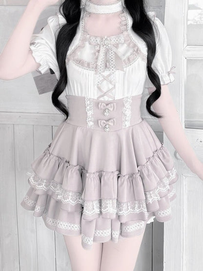 Pink and White Ruffle Sleeve Blouse with Lace, Bow and Choker Accents - GingaU