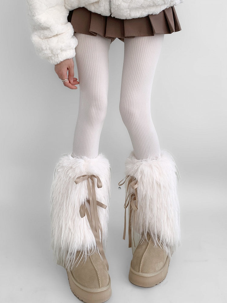 Warmers Ribbon-Tie Leg (White) Fur Faux
