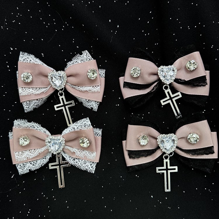 Jirai Kei Rhinestone Bow Hair Clips with Cross Charm