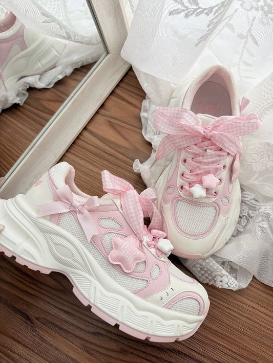 Design - Pink Lolita Platform Sneakers Lace-Up Star with Sweet Accents White Bow Plaid