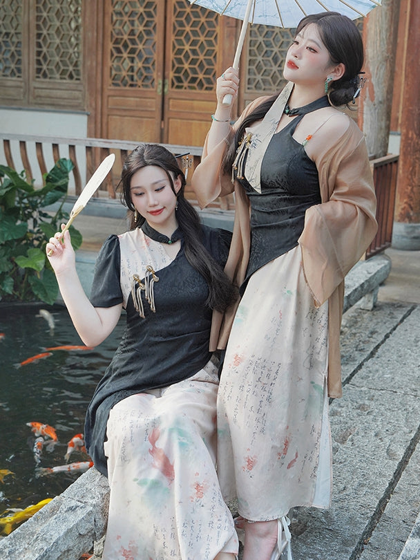 Seitenschlitz Plus Size Qipao Schwarzes Kleid Weiß und