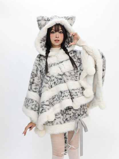 Cape Plush Print Pom-pom Bittersweet Accents Leopard Gray -