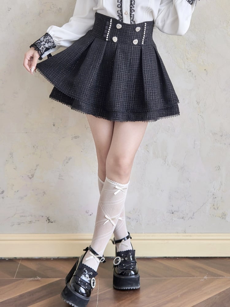 ツイードウエストの黒スカート ジライケイ ハートラインストーン ハイ
