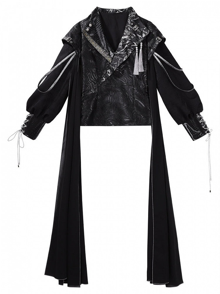 Black Shawl-Collar Jacket with Tassel Details - Unknown Star
