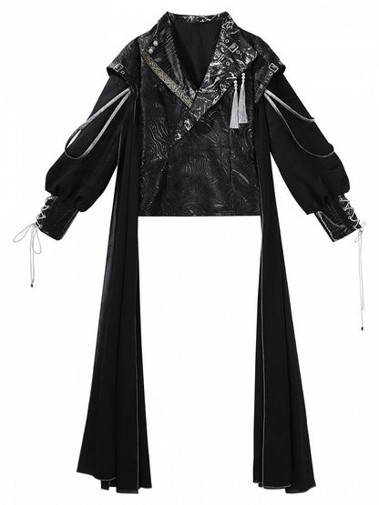 Black Shawl-Collar Jacket with Tassel Details - Unknown Star
