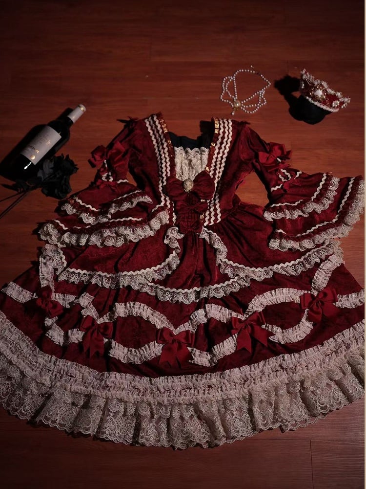 Elegant Classic Wine Red Lolita Dress with Bell Sleeves, Lace & Layered Ruffles - Strawberry Cocoa Lolita
