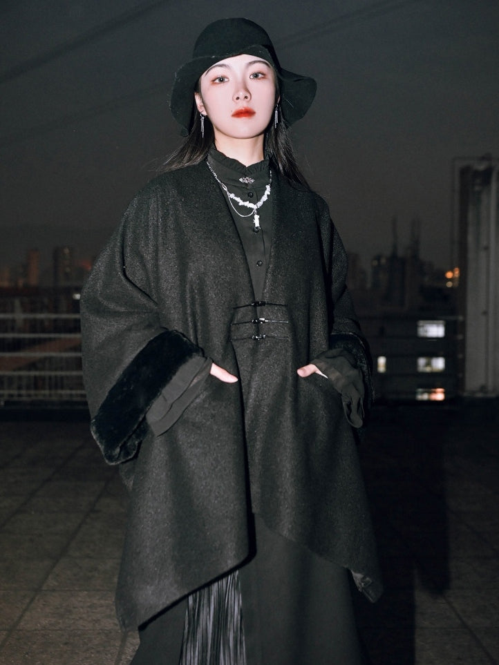 Frog - Cape Black Style Chinese V-Neck Button Closure