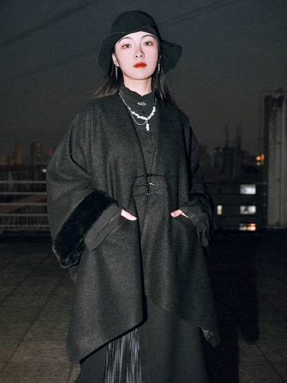 Frog - Cape Black Style Chinese V-Neck Button Closure