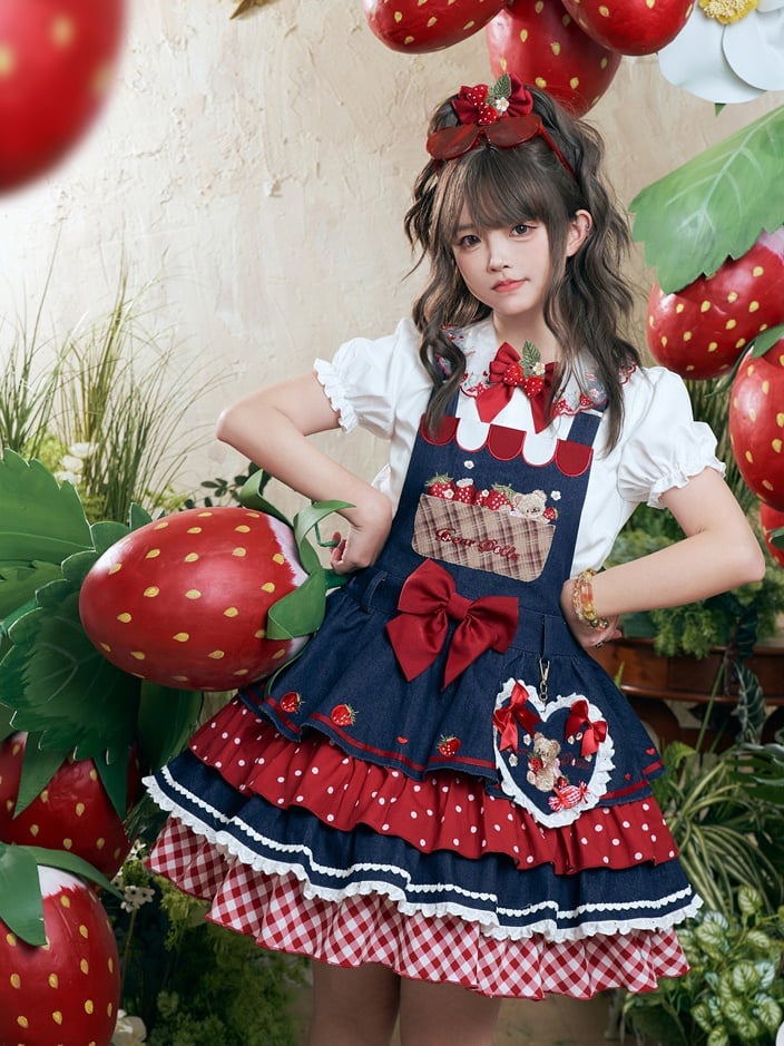 Sleeves Sweet Blouse Strawberry Pattern Beige Peter Pan Collar Puff Lolita