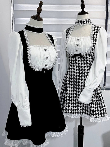 Kei Design Long One-Piece with White Details Black Dress Choker Houndstooth Jirai Lace Sleeve