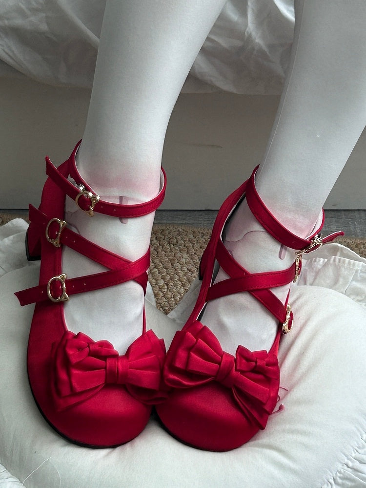 Round Toe Red Classic Lolita Ballet Mid Heels with Bow at Top & Crisscross Straps
