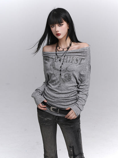 Gray Tee Oversized Print Gothic Sleeve Swallow Long Off-Shoulder