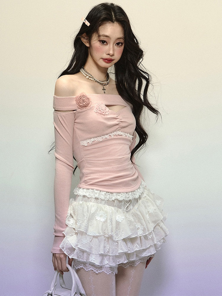 ホワイトレースの花柄ハイウエストティアードミニスカートレースアップディテール