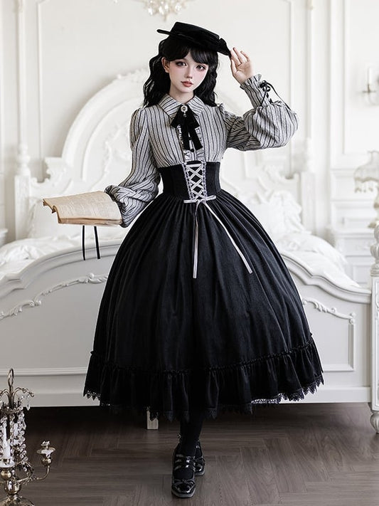 Hat Boned Two Pieces Design Dress Black Bow Brooch + Striped Lolita Waist Fake