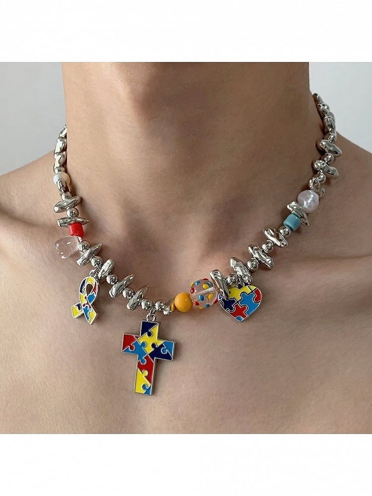 Silver Y2K Cross Pendant Colorful Necklace - YSHXS