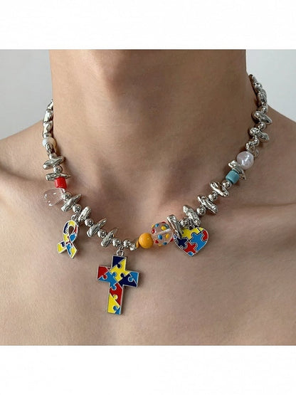 Silver Y2K Cross Pendant Colorful Necklace - YSHXS