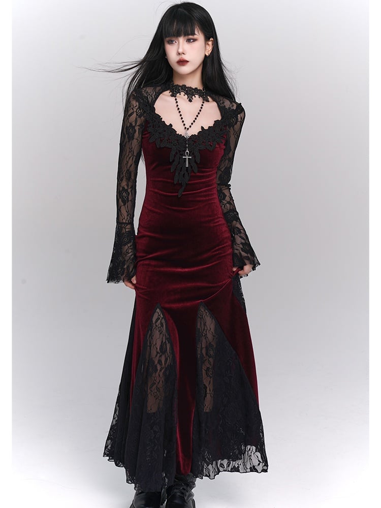 Black/Wine Red Gothic Lace Bell Sleeves Velvet Mermaid Dress