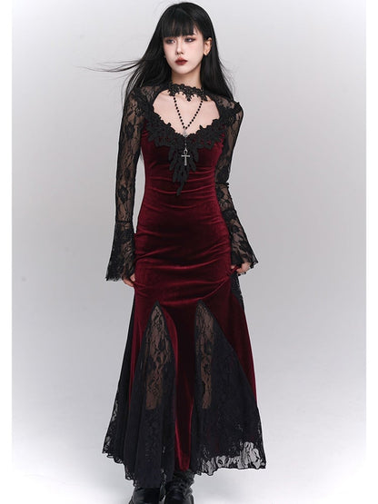 Black/Wine Red Gothic Lace Bell Sleeves Velvet Mermaid Dress