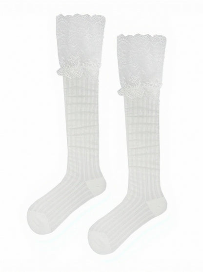 4-Color Lace Trim Calf Socks with Stripe Pattern - ModaSwings