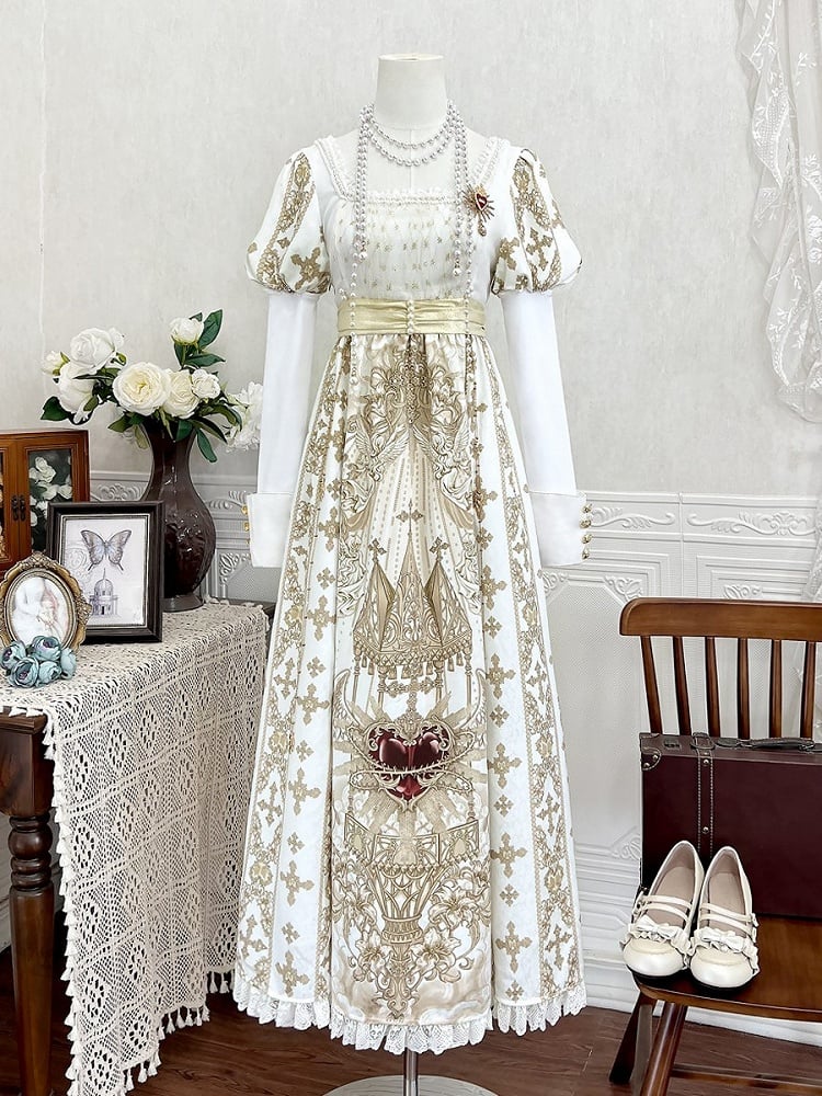 Gold Cross Gothic Lolita Empire Dress with Detachable Sleeves - Unknown Star