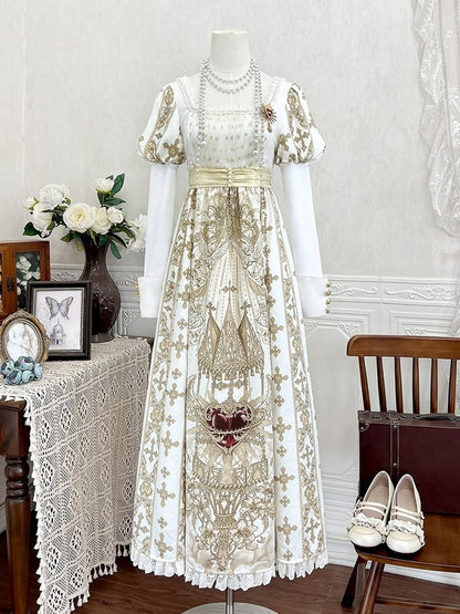 Gold Cross Gothic Lolita Empire Dress with Detachable Sleeves - Unknown Star