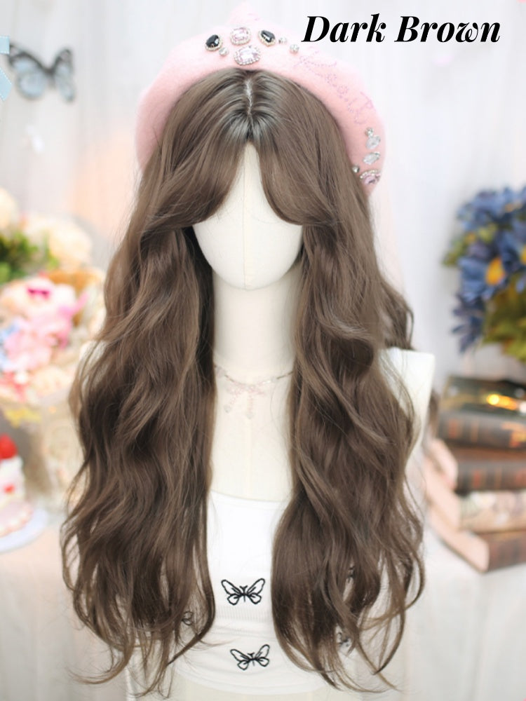 Dark Brown Under Bust Length Wavy Wig with Curtain Bangs