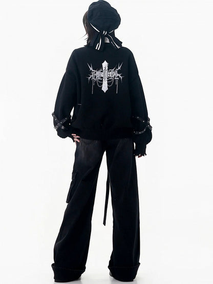 Strap Jeans Cuffs with Straight-Leg Black Rolled and Fixed Buckle