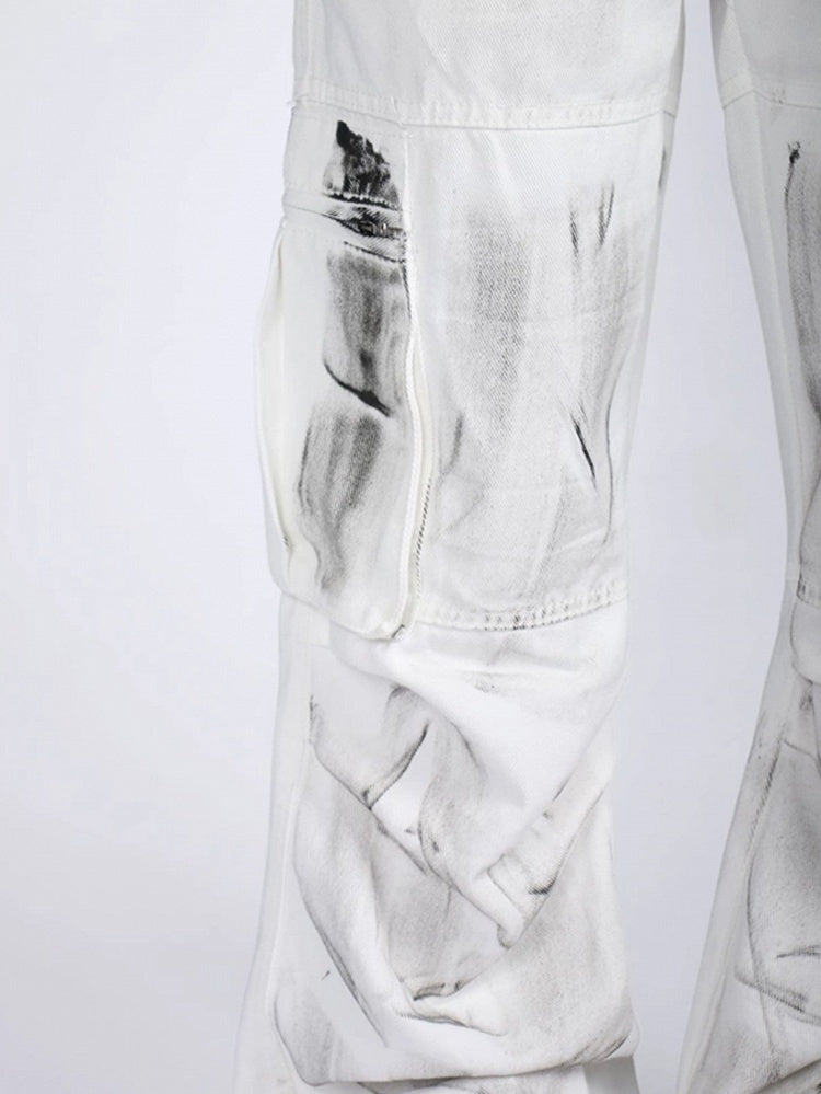 Vintage White Splatter Tie-Dye Loose Fit Cargo Jeans with Drawstring Waist