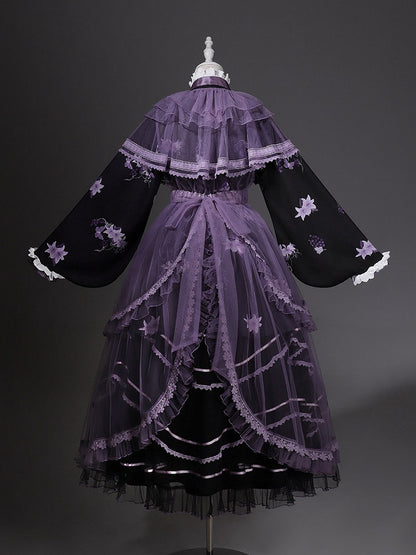 Floral Crossover Dress Neck Black Overdress Purple + Lolita Skirt Han Print Tulle