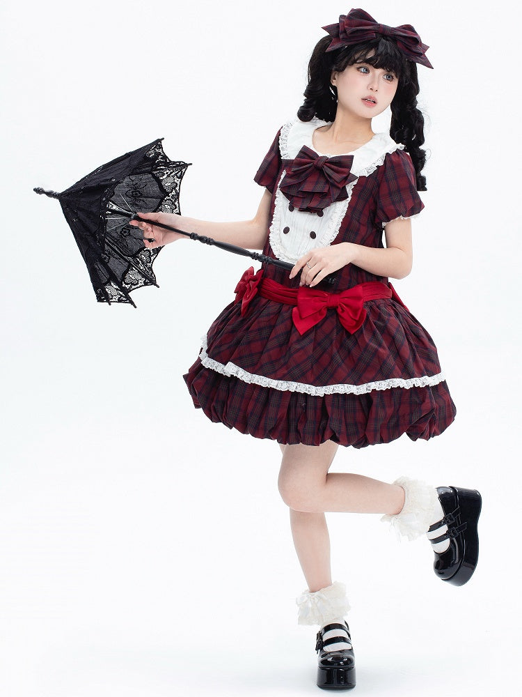 パターンパフスリーブレッドコットンバブルスカートチェック柄サマーロリータ