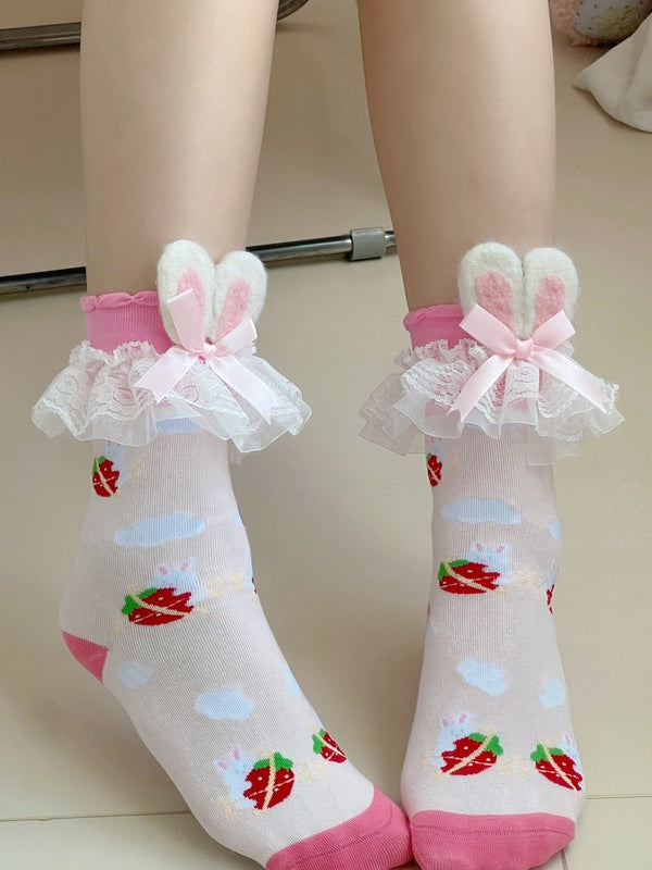 Pink Sweet Lolita Strawberry Print Bunny Ears Lace Trim Socks
