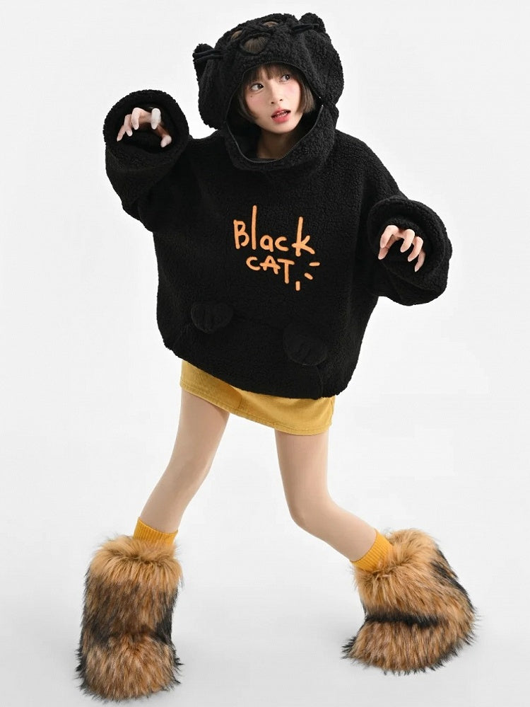 Black Cat Head Hood Fleece Hoodie