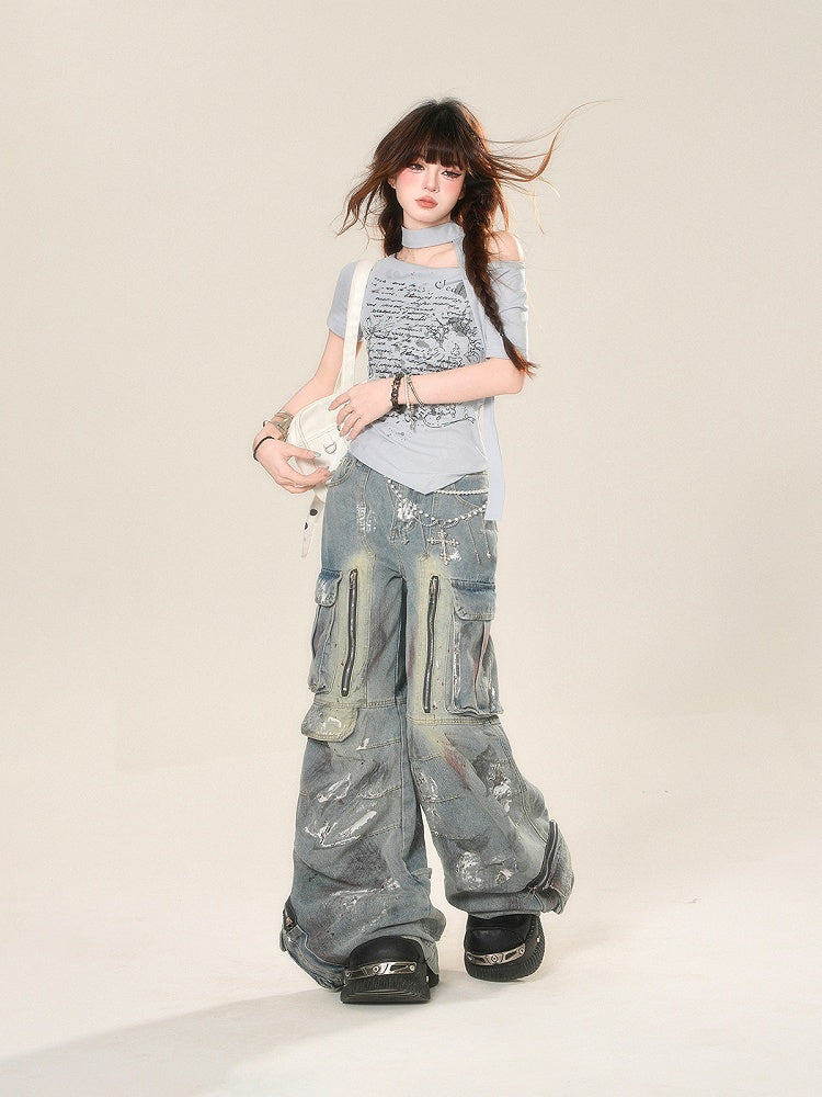 with Graphic T-Shirt White/Blue Asymmetrical Neckline Curved Scarf Free Glamorous Hem