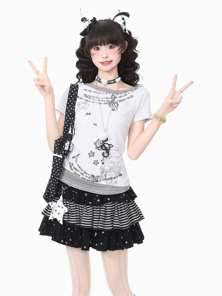 White Y2K Two-Piece Tee with Cartoon Print - Languid Park