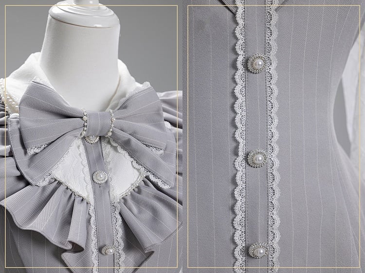 Bow Scalloped Brooch Outfit: with Edge Striped Detachable Shorts Elegant Jirai Gray Kei Top