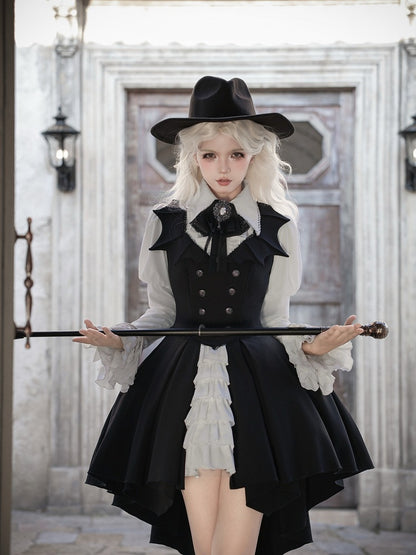Gothic Lolita Flare Sleeves Shirt + Bat Wings Collar Design JSK Set - The First Witch