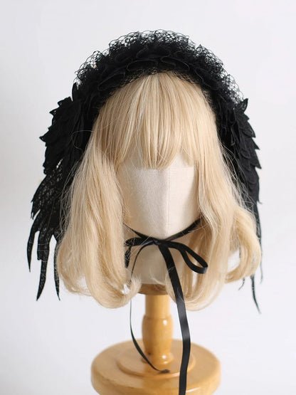 Lolita White/Black - Design Winged Lace Sheer Hairband Ruffled 2-Color