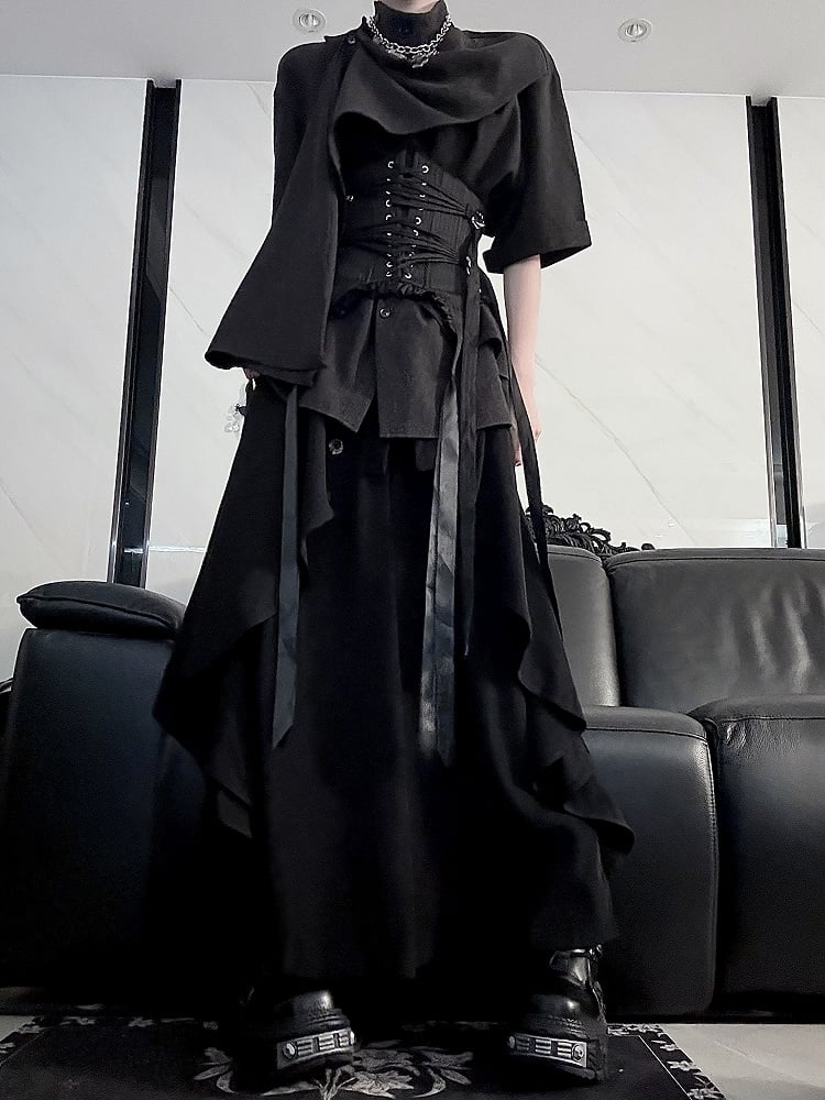 Wide-Leg Black with High-Waisted Lolita Ruffle Trim Ouji Pants Skirt
