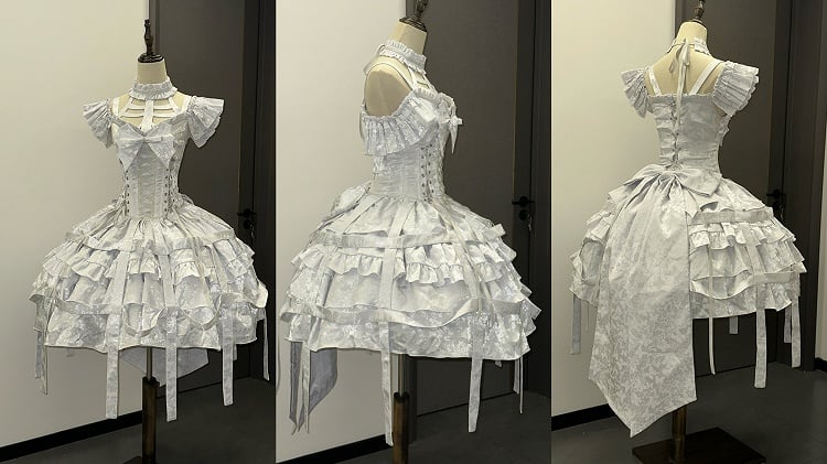 mit Schnürung, Ovarlay, Gothic-Korsettkleid, abnehmbares Design und Rock, silberne Schleife, Lolita, große Vogelkäfig-Taille