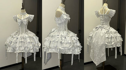 mit Schnürung, Ovarlay, Gothic-Korsettkleid, abnehmbares Design und Rock, silberne Schleife, Lolita, große Vogelkäfig-Taille