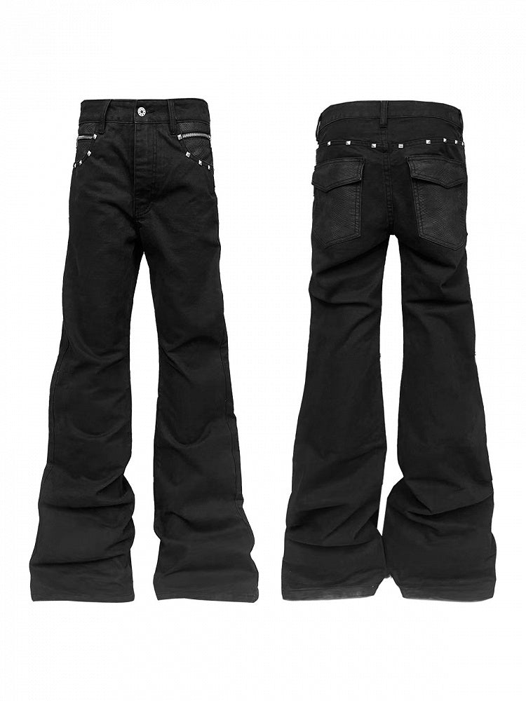 Unisex Punk Distressed Black Stacked Denim with Snake Leather Pockets & Studs - DETW OnLine