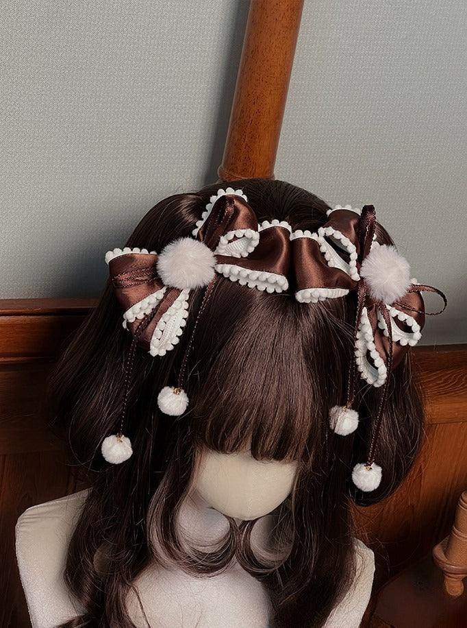 Hairclips Bow Accents Sweet with Pink/Brown Pom-pom Lolita