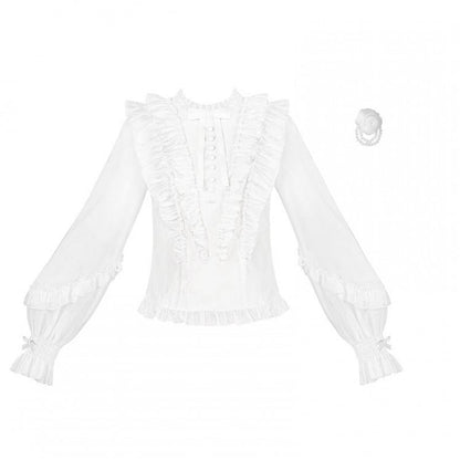 White Balloon Sleeve Blouse with Ruffle Accents and Rose Brooch - With PUJI