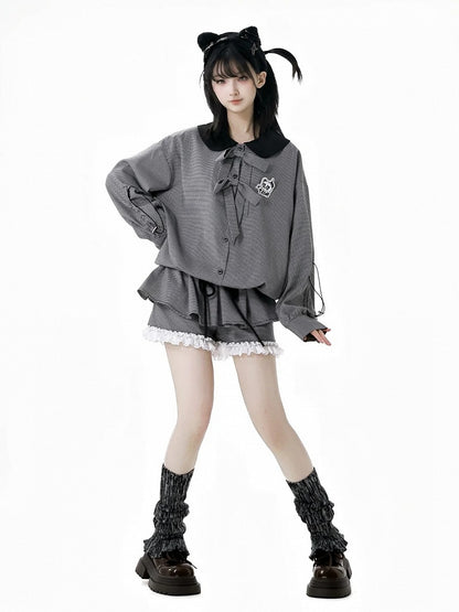 ブラウス ドローストリング 黒と白のチェック柄 ピーターパンカラー リボンアクセント カフス