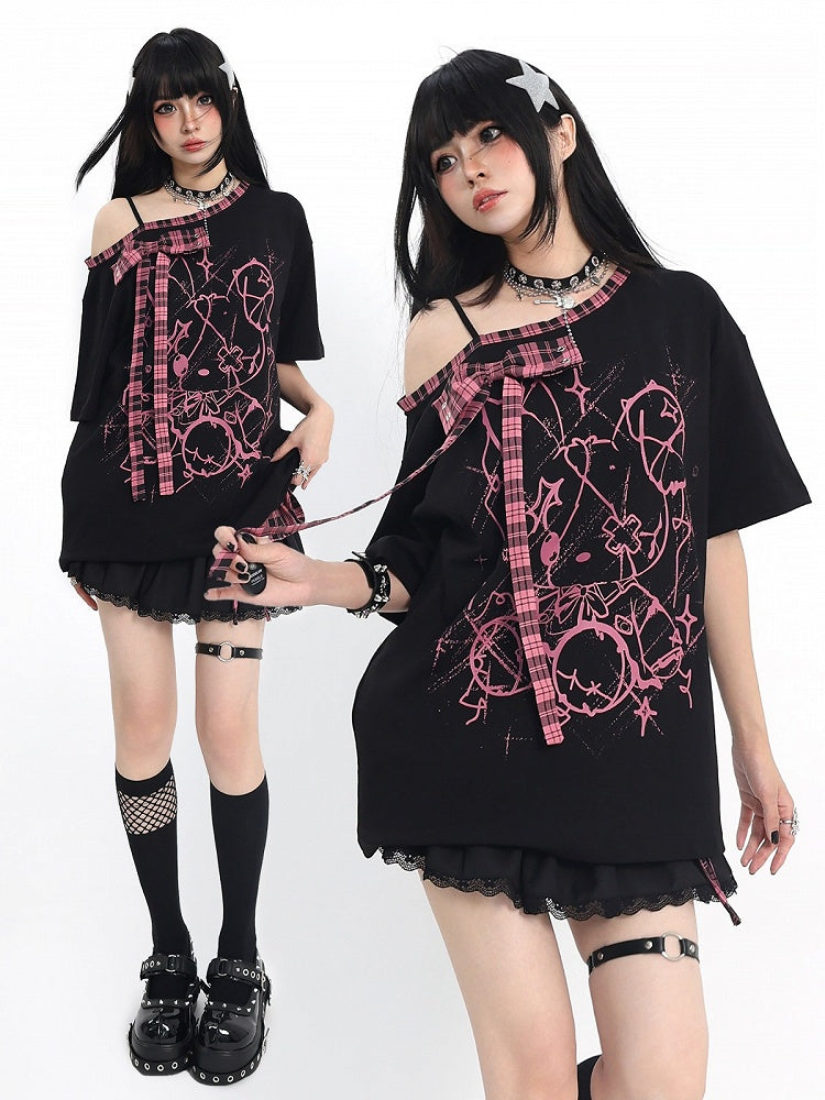 Ebony and Rose Asymmetric Tee with Doll Graphic and Check Bow - Catwish